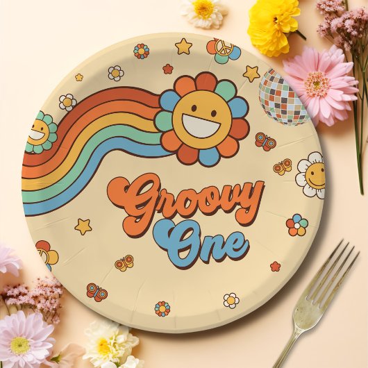 Groovy One Retro Regenboog 1e Verjaardagsfeest Papieren Bordje