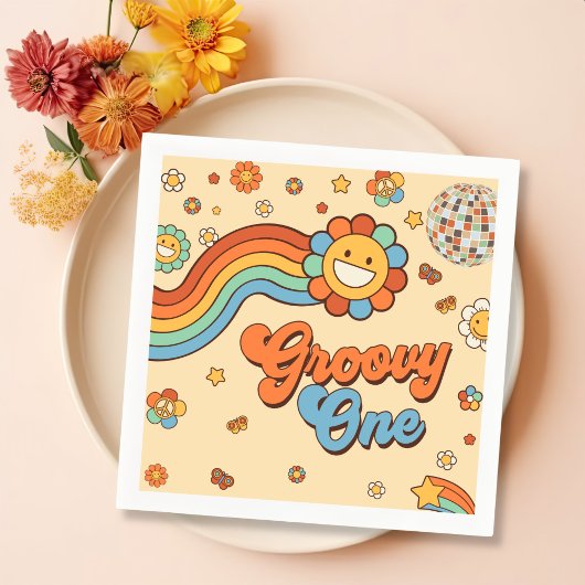 Groovy One Retro Regenboog 1e Verjaardagsfeest Servet