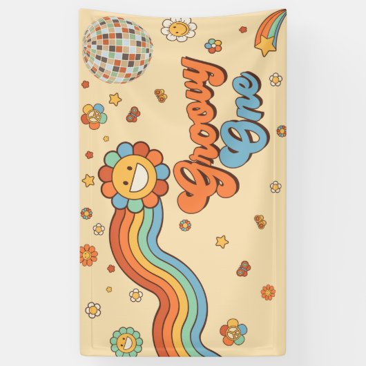Groovy One Retro Regenboog 1e Verjaardagsfeest Spandoek (Verticaal)