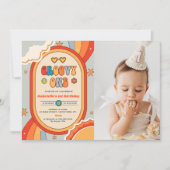 Groovy One Retro Regenboog 1e Verjaardagsfeestfoto Kaart (Voorkant)