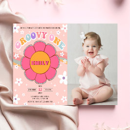 Groovy One Retro Regenboog 1e Verjaardagsfeestfoto Kaart