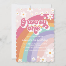 Groovy One Retro Regenboog 1e Verjaardagsuitnodigi