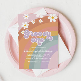 Groovy One Retro Regenboog 1e Verjaardagsuitnodigi Kaart