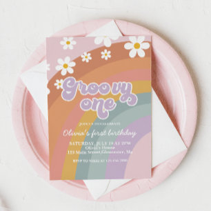 Groovy One Retro Regenboog 1e Verjaardagsuitnodigi Kaart