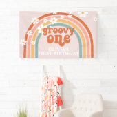 Groovy One Retro Regenboog Madelief Verjaardagsban Spandoek (Insitu)