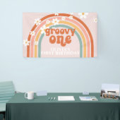 Groovy One Retro Regenboog Madelief Verjaardagsban Spandoek (Beurs)