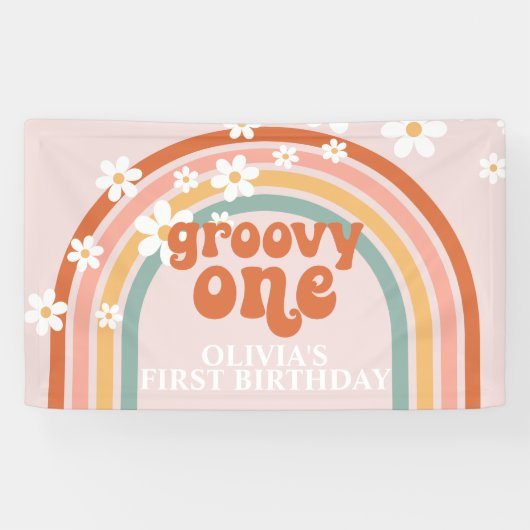Groovy One Retro Regenboog Madelief Verjaardagsban Spandoek (Horizontaal)