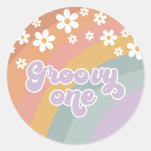 Groovy One Retro Regenboog Ronde Sticker