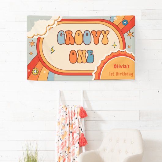 Groovy One Retro Regenboog Verjaardagsfeestbanner Spandoek (Insitu)