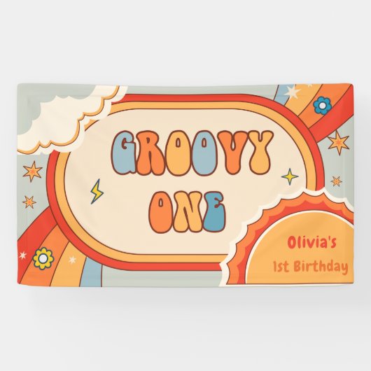 Groovy One Retro Regenboog Verjaardagsfeestbanner Spandoek (Horizontaal)