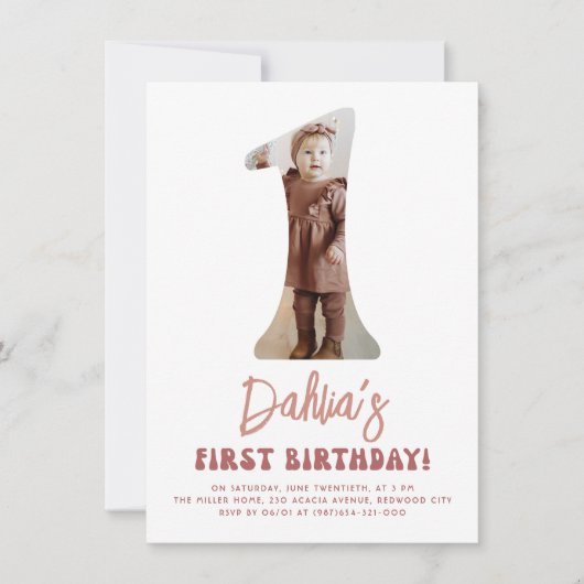 Groovy One Retro Roze Bloemen Foto 1e Verjaardag Kaart (Voorkant)