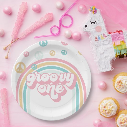 Groovy One Retro Summer Rainbow Papieren Bordje (Feest)
