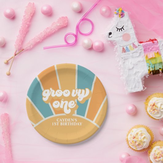 Groovy One Retro Sunshine Boy First Birthday Papieren Bordje (Feest)