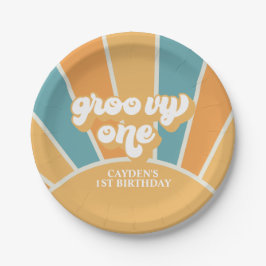 Groovy One Retro Sunshine Boy First Birthday Papieren Bordje