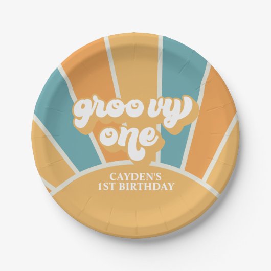 Groovy One Retro Sunshine Boy First Birthday Papieren Bordje (Voorkant)