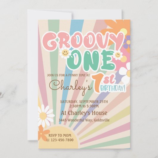 Groovy One Retro Sunshine Daisy Boho 1e Verjaardag Kaart (Voorkant)