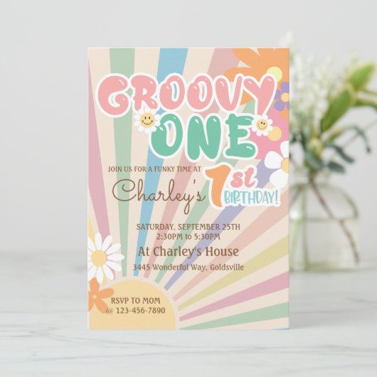 Groovy One Retro Sunshine Daisy Boho 1e Verjaardag Kaart (Staand voorkant)