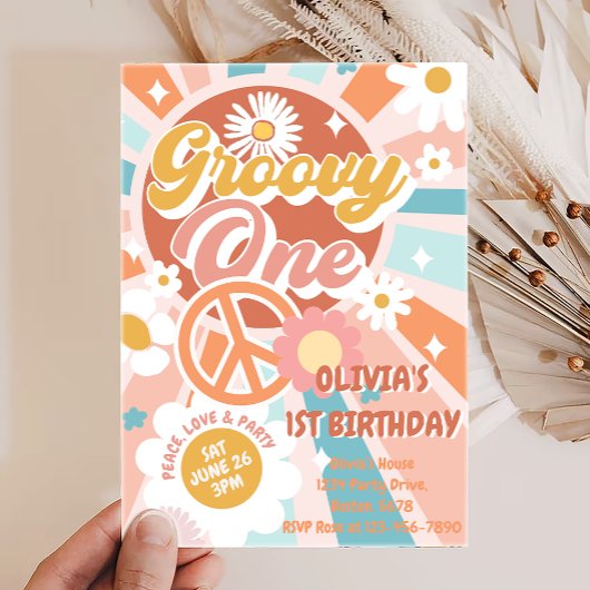 Groovy One Retro Sunshine Daisy Boho 1e Verjaardag Kaart