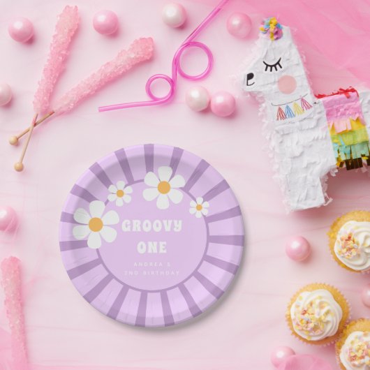 Groovy One Retro Sunshine Girl Tweede verjaardag Papieren Bordje (Feest)