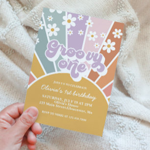 Groovy One Retro Sunshine Rainbow Daisy Invitation Kaart