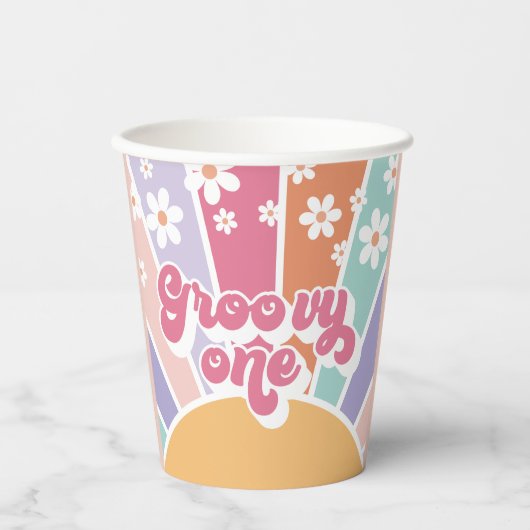 Groovy One Retro Sunshine Rainbow Daisy Papieren Bekers (Voorkant)