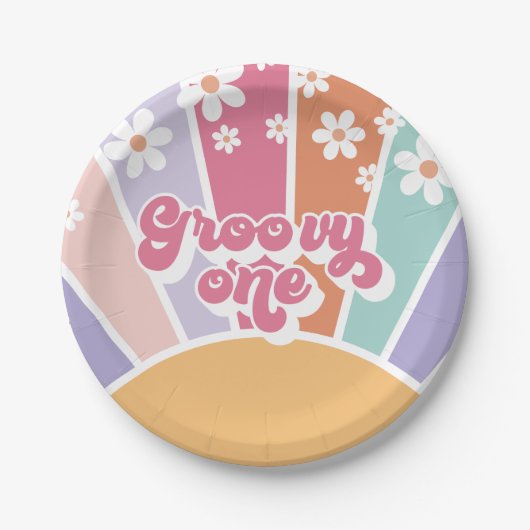 Groovy One Retro Sunshine Rainbow Daisy Papieren Bordje (Voorkant)