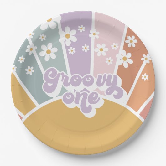 Groovy One Retro Sunshine Rainbow Daisy Papieren Bordje (Voorkant)