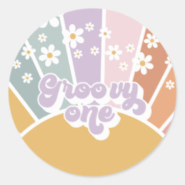 Groovy One Retro Sunshine Rainbow Daisy Ronde Sticker