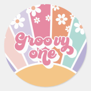 Groovy One Retro Sunshine Rainbow Daisy Ronde Sticker