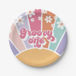 Groovy One Retro Sunshine Regenboog Madeliefje Papieren Bordje