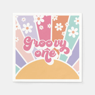 Groovy One Retro Sunshine Regenboog Madeliefje Servet