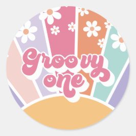 Groovy One Retro Zonneschijn Regenboog Madeliefje Ronde Sticker
