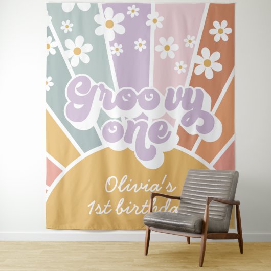 Groovy One Retro Zonneschijn Regenboog Madeliefje Wandkleed (In situ)