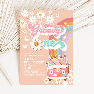 Groovy ONE Roze Madeliefje Regenboog Bus 1e Verjaa Kaart