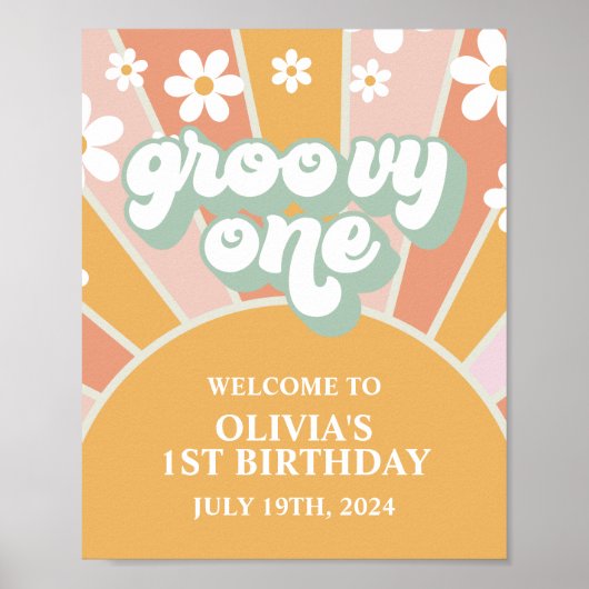 Groovy One Sunshine Eerste Verjaardag Welkomstbord Poster (Voorkant)