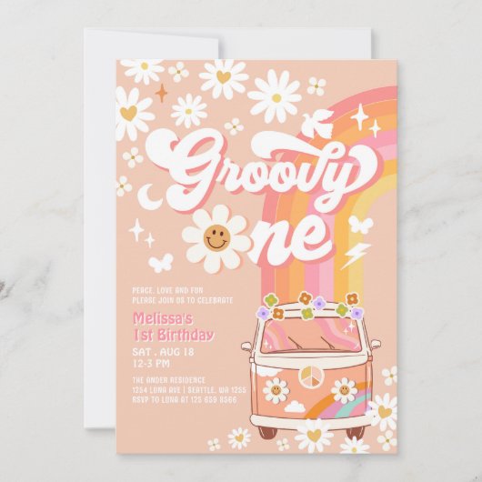 Groovy One Van Peach Daisy Rainbow 1e verjaardag Kaart (Voorkant)