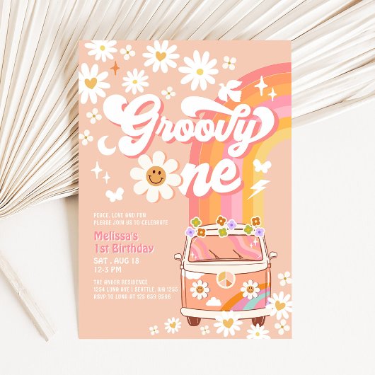 Groovy One Van Peach Daisy Rainbow 1e verjaardag Kaart