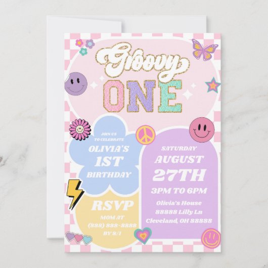 Groovy One Varsity Patch Letter 1e verjaardagsfees Kaart (Voorkant)