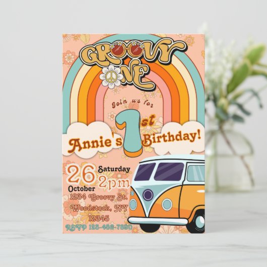 Groovy ONE verjaardagsuitnodiging Kaart (Staand voorkant)