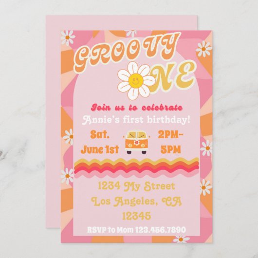 Groovy ONE verjaardagsuitnodiging Kaart (Voorkant / Achterkant)