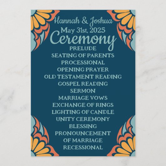 Groovy Oranje bloemen op Deep Blue Wedding Programmakaart (Voorkant)