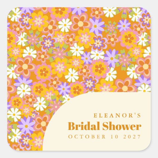 Groovy  Oranje Floral Vrijgezellenfeest Aangepast Vierkante Sticker (Voorkant)