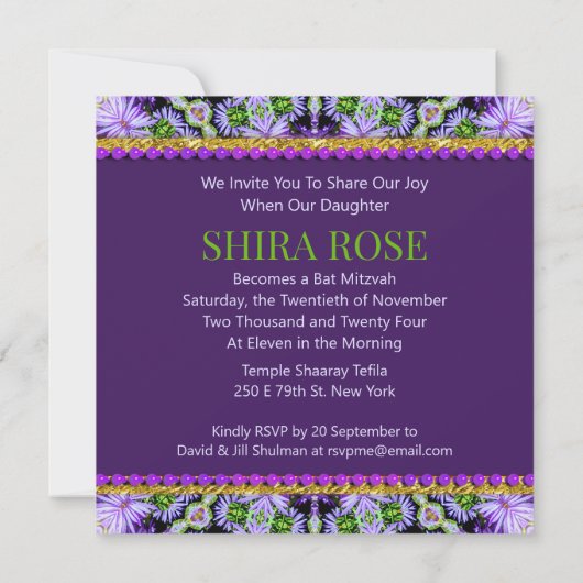 Groovy Paars Daisies Bat Mitzvah Uitnodiging (Achterkant)