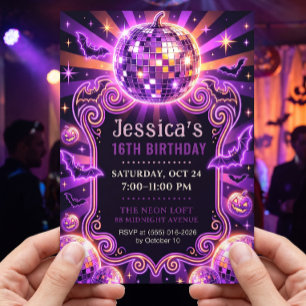 Groovy Paarse Disco Pompoen Sweet 16 Uitnodiging