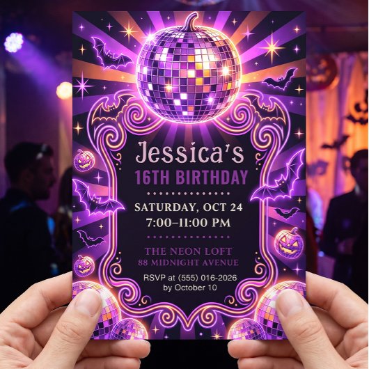 Groovy Paarse Disco Pompoen Sweet 16 Uitnodiging