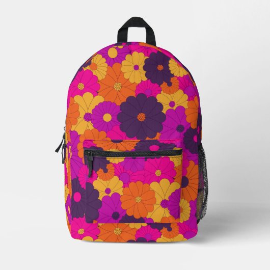 Groovy Paarse en Roze Hippie Flower Power Bedrukte Rugzak (Voorkant)