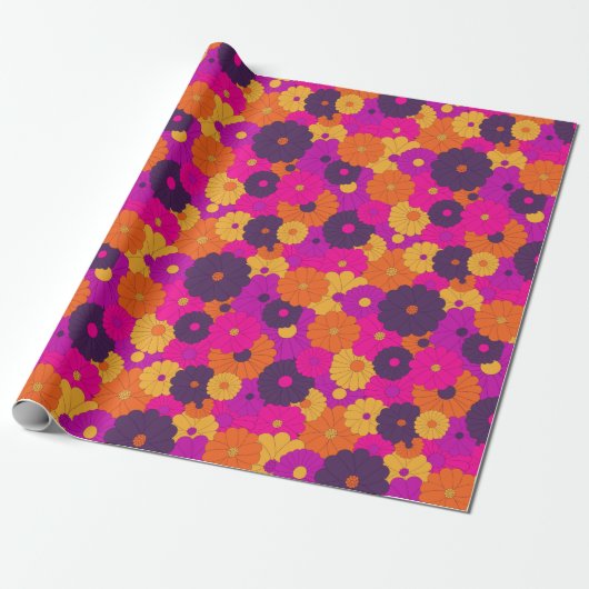 Groovy Paarse en Roze Hippie Flower Power Cadeaupapier (Uitgerold)