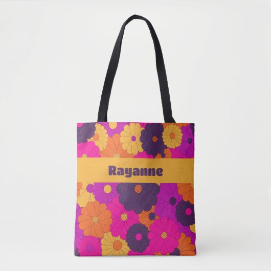 Groovy Paarse en Roze Hippie Flower Power Tote Bag (Voorkant)
