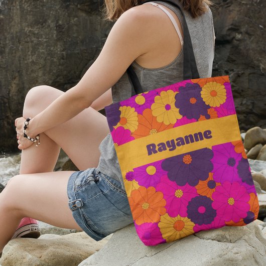 Groovy Paarse en Roze Hippie Flower Power Tote Bag