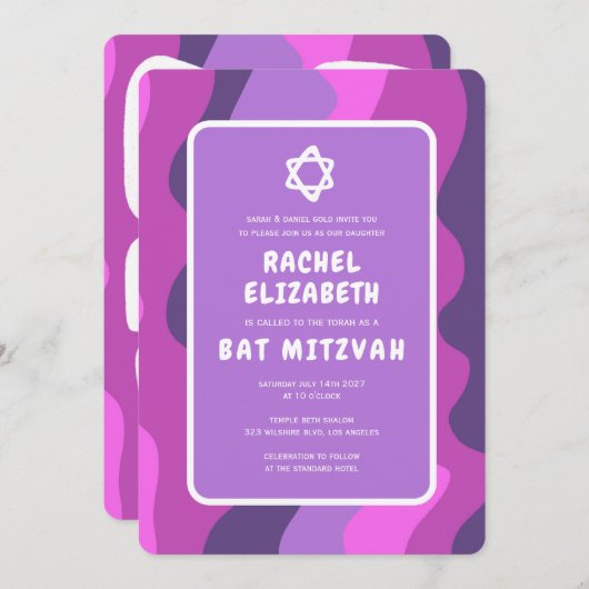 Groovy Paarse golven Star David Custom Bat Mitzvah Kaart (Voorkant / Achterkant)
